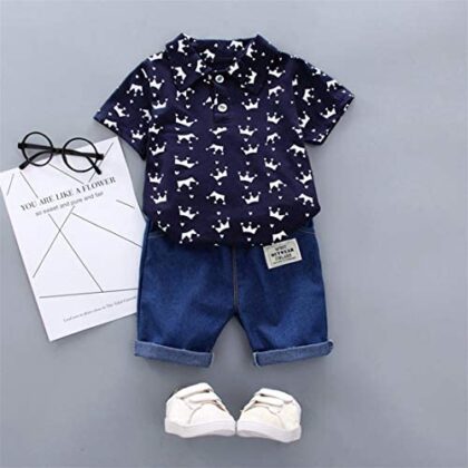 heavKin-Clothes 6 Months – 3 Years| Baby Boy Crown Printed Short Sleeve Shirt T-Shirt Tops + Jeans Suit |toddler boy denim jacket