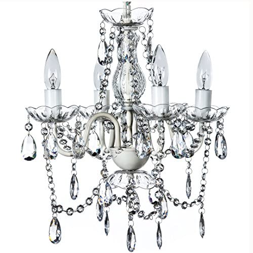 4 Light Crystal White Hardwire Flush Mount Chandelier H17.5”xW15”, White Metal Frame with Clear Glass Stem and Clear Acrylic Crystals & Beads That Sparkle Just Like Glass
