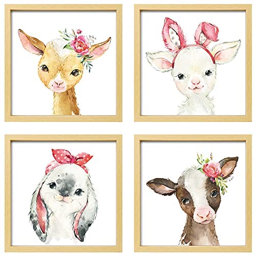 ArtbyHannah 4 Pack Framed Farmhouse Baby Girl Nursery Wall Art Decor with 10x10 frames and Decorative Watercolor Animals Photo for Gallery Wall Kit or Home Decoration