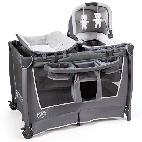BABY JOY 4 in 1 Nursery Center, Foldable Pack and Play w/Bassinet, Changing Table, Newborn Napper with Music, Large Capacity Storage Shelf, Oxford Carry Bag, Portable Baby Playard (Space Gray)