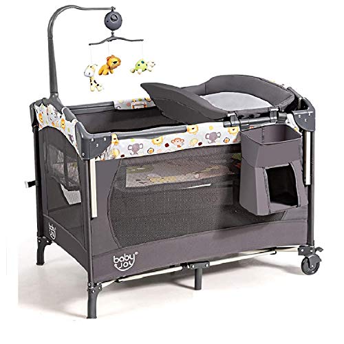 BABY JOY 4 in 1 Pack and Play, Baby Bedside Sleeper Playard with Bassinet, Changing Station and Activity Center, Foldable Baby Playard w/Music Box, Wheels & Brakes, Oxford Bag (Grey)