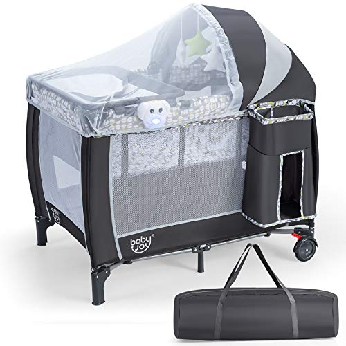 BABY JOY 4 in 1 Pack and Play with Adjustable Net, Portable Nursery Center Playard with Bassinet, Detachable Changing Table, Foldable Baby Play Yard with Music Player, Carrying Bag (Grey)