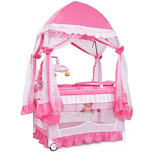 BABY JOY Nursery Center, 4 in 1 Convertible Pack and Play with Bassinet, Changing Table, Mesh Net, Foldable Baby Bassinet Bed with Cute Whirling Toys, Wheels & Brake, Oxford Carry Bag (Pink, 32 in)