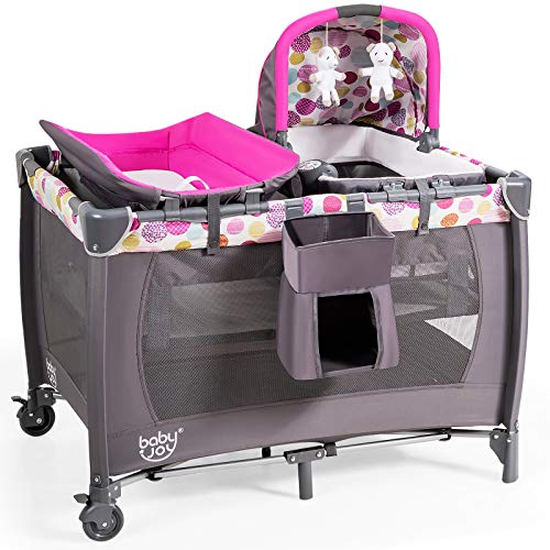 BABY JOY Nursery Center, 4-in-1 Portable Pack and Play w/ Cradle & Diaper Changing Table, Bassinet Bed & Activity Center, Foldable Baby Playard Crib with Toys & Music & Oxford Bag (Rose)