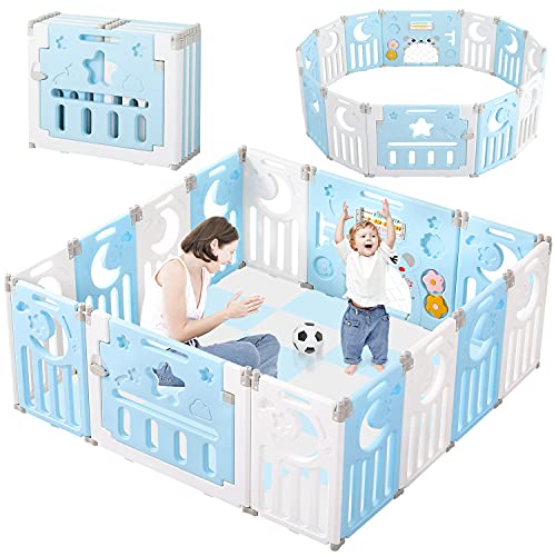 Baby Playpen, Dripex Upgrade Foldable Kids Activity Centre Safety Play Yard Home Indoor Outdoor Baby Fence Play Pen NO Gaps with Gate for Baby Boys Girls Toddlers (14 Panel, Dream Blue + White)