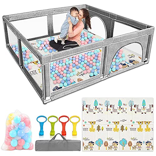 Baby Playpen for Toddler, Indoor & Outdoor Kids Activity Center, Sturdy Safety Baby Fence Play Area for Toddlers, Kids, Twins, Child, Infants, Tear-Resistant Material &Breathable Mesh (Gray)