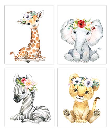 Designs by Maria Inc. Safari Babies Watercolor Animals Prints Set of 4 (Unframed) Nursery Decor Art (8x10) (Option 1)