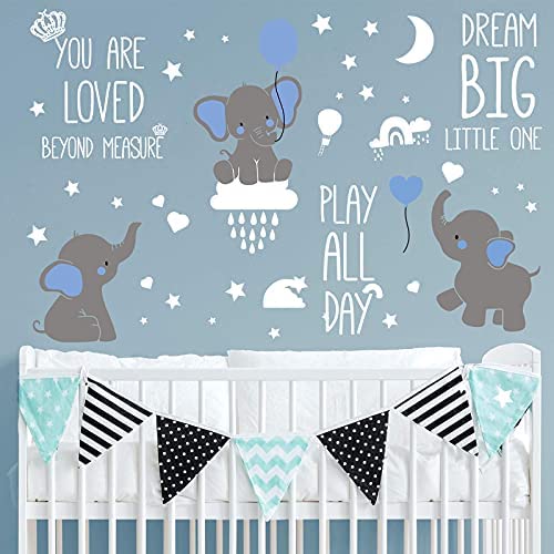 Dream Big Little One Elephant Wall Decals Cute Elephant Peel Stick Wall Stickers Baby Room Wall Decal Moon Stars Clouds Wall Decals for Kids Boys Girls Bedroom Nursery Playroom Art Party Supply