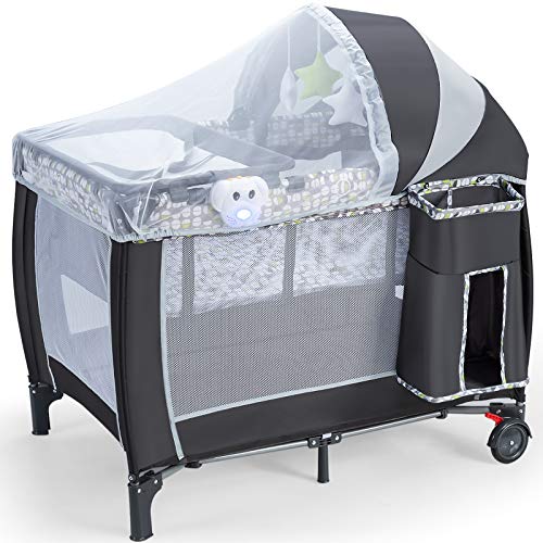 HONEY JOY 4-in-1 Pack and Play with Bassinet, Portable Baby Playard w/Changing Table, Adjustable Canopy w/Net, Infant Playpen, Music, Diaper Storage Bag, Foldable Nursery Center w/Carry Bag (Gray)