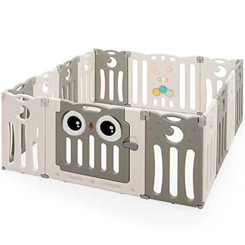HONEY JOY Baby Play Yard, 14 Panel Owl Style Infant Playpen Activity Center for Toddlers, Anti-Slip Base & Lockable Door, Indoor Portable Safety Baby Fence Play Area for Boys Girls (Beige, 14 Panel)