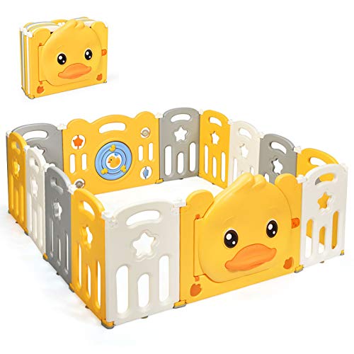 HONEY JOY Baby Play Yards, 14 Panel Psyduck Themed Foldable Baby Fence Play Area, Anti-Slip Rubber Base & Game Panel, Lockable Gate Door, Indoor Extra Large Playpen for Babies and Toddlers