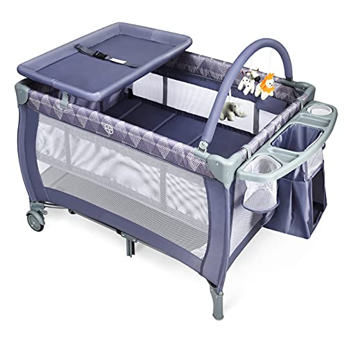 HONEY JOY Pack and Play with Bassinet, 3 in 1 Portable Baby Playard with Infant Full-Size Bassinet & Changing Table, Diaper Stacker, Foldable Play Yard Nursery Center w/ Toy Bar, Oxford Bag(Gray)