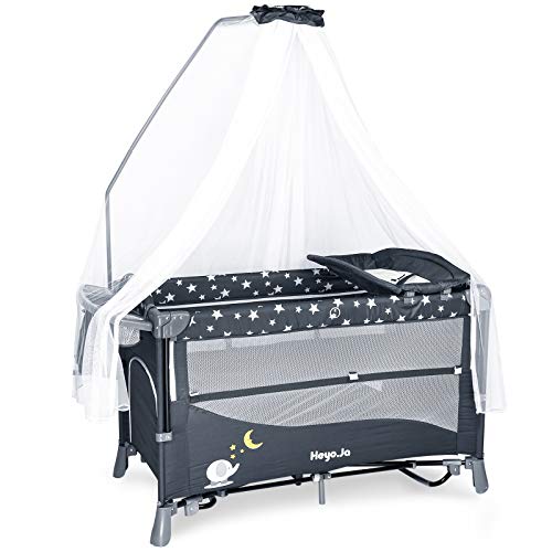 Heyo.Ja Double Layer Baby Playard, 5 Height Adjustable Crib,Changing Diaper Rack,Foldable Bassinet Bed with Luxury Mosquito Net,Starry Sky Fence,Two Toys Bag,Wheels & Brake, Carry Bag (Grey)