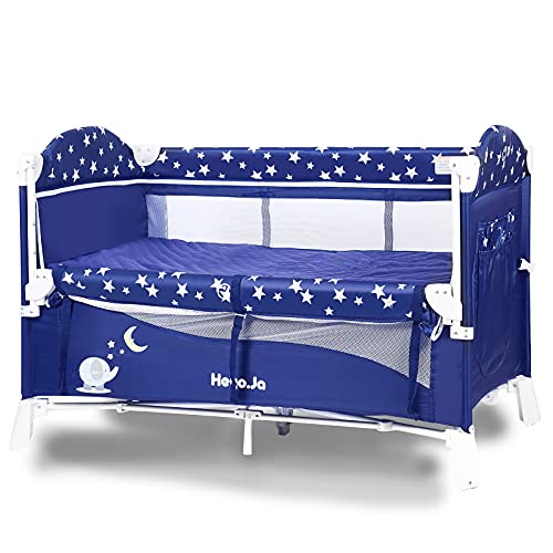 Heyo.Ja Portable Baby Playard, 4 in 1 Convertible Pack and Play with Bassinet, Nursery Center with Comfortable Mattress, 5 Height Adjustable Crib, Starry Sky Fence (Navy)