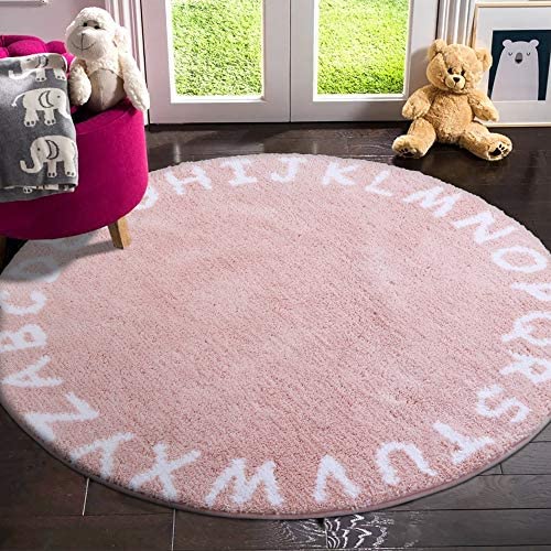 LIVEBOX ABC Kids Play Mat, Alphabet 3ft Round Area Rugs Soft Plush Educational Learning & Game Baby Girls Crawling Mat Non-Slip Tufted Throw Carpet for Nursery Decor Bedroom Best Shower Gift(Pink)