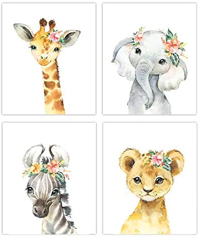 Little Baby Watercolor Animals Floral Crown Safari Prints Set of 4 (Unframed) Nursery Decor Art (8x10) (Option 2)
