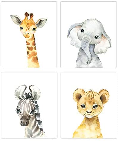 Little Baby Watercolor Animals Safari Prints Set of 4 (Unframed) Nursery Decor Art (8x10) (Option 1)