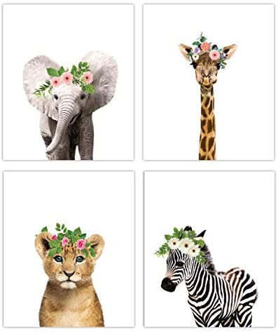 MARIA Floral Crown Safari Baby Animals Nursery Decor Art - Set of 4 UNFRAMED Wall Prints 8x10 (Option 4)