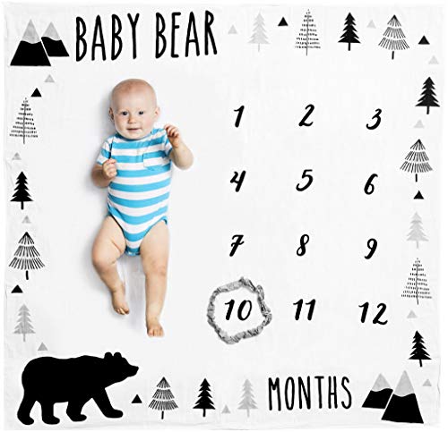Organic Baby Monthly Milestone Blanket - Baby Boy Milestone Blanket with Month Marker - Baby Bear Months Blanket, 1-12 Months Milestones, Woodland Nursery, Mountain, 47”x47”