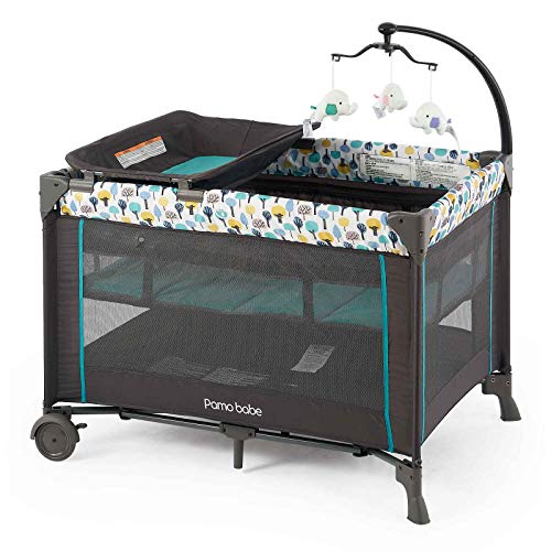 Pamo Babe Deluxe Nursery Center ,Portable Playard with Comfortable Mattress,Changing Table and Cute Toys(Blue)