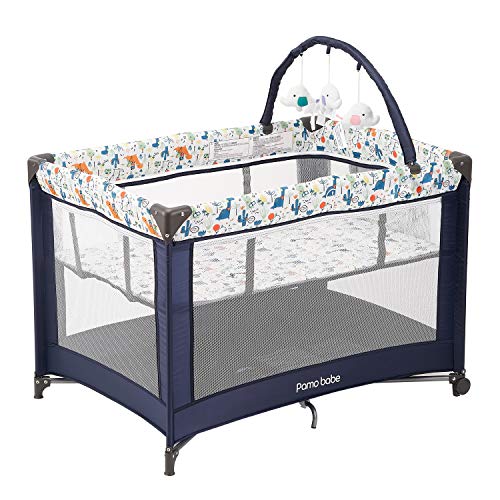Pamo Babe Portable Playard,Sturdy Play Yard with Mattress and Toy bar with Soft Toys(Blue)