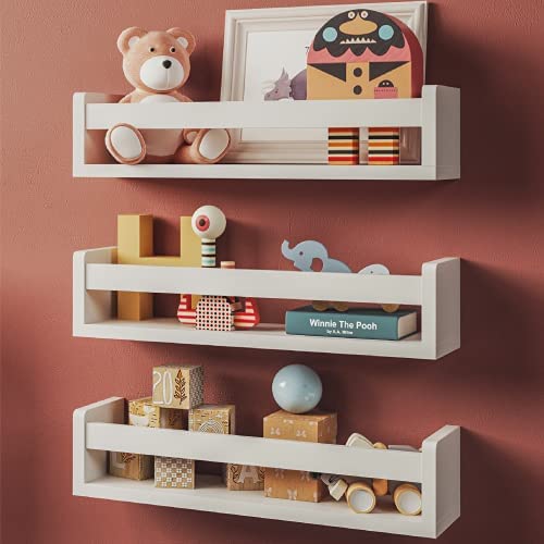 Set of 3 White Nursery Room Shelves - Solid Wood Ideal for Books, Toys and Decor (Classic White)