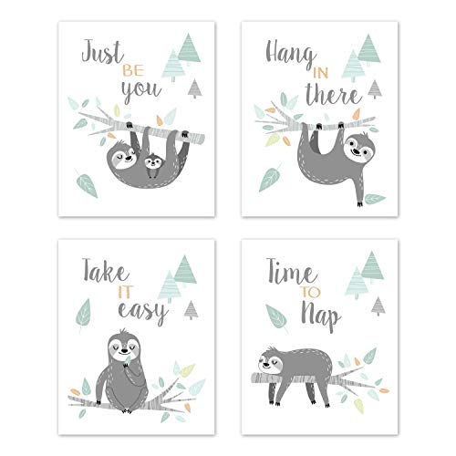 Sweet Jojo Designs Blue Grey Jungle Sloth Leaf Wall Art Prints Room Decor for Baby Nursery Kids - Set of 4 - Hang in There, Take it Easy, Turquoise Gray Green Tropical Botanical Rainforest