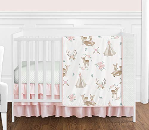 Sweet Jojo Designs Blush Pink, Mint Green and White Boho Watercolor Woodland Deer Floral Baby Girl Crib Bedding Set - 4 Pieces