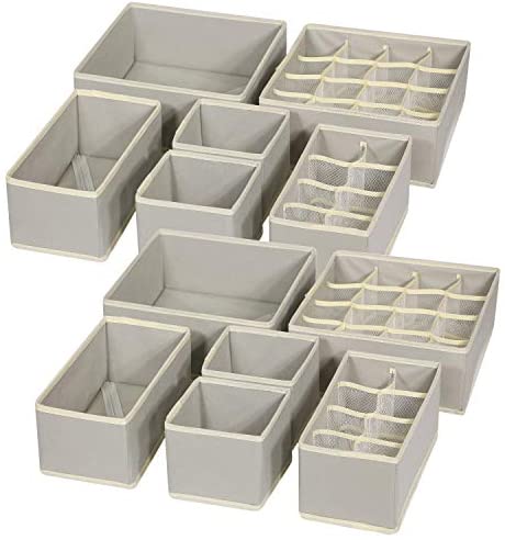 TENABORT 12 Pack Foldable Drawer Organizer Dividers Cloth Storage Box Closet Dresser Organizer Cube Fabric Containers Basket Bins for Underwear Bras Socks Panties Lingeries Nursery Baby Clothes Gray