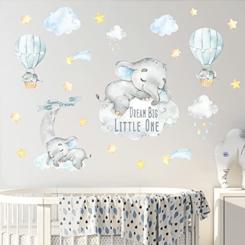 Yovkky Blue Watercolor Baby Boy Elephant Wall Decal, Peel Stick Sweet Dream Big Little One Sticker Moon Hot Air Balloon Star Nursery Decor, Home Play Room Decoration Kids Bedroom Art Party Supply Gift