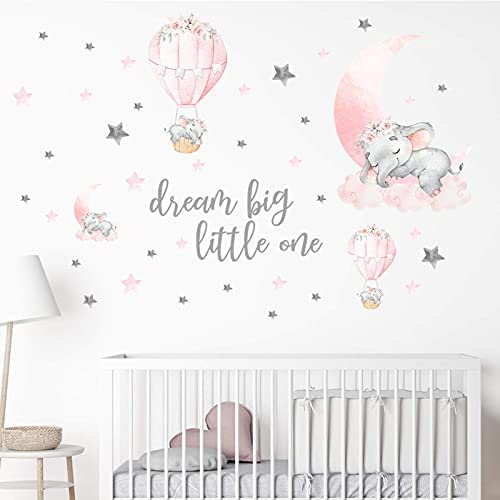 Yovkky Dream Big Little One Elephant Wall Decals, Peel Stick Pink Moon Hot Air Balloon Sticker Watercolor Grey Star Nursery Decor, Home Baby Play Room Decoration Girl Kid Bedroom Art Party Supply Gift