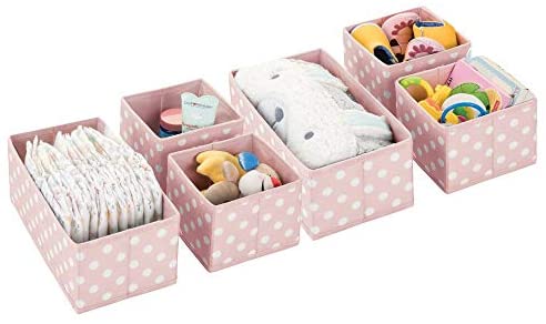 mDesign Soft Fabric Dresser Drawer, Closet Storage Organizers for Child/Kids Room, Nursery, Playroom - Holds Boys, Girls, Baby Clothes, Onsies, Diapers, Wipes - Polka Dot Print, Set of 6 - Pink/White