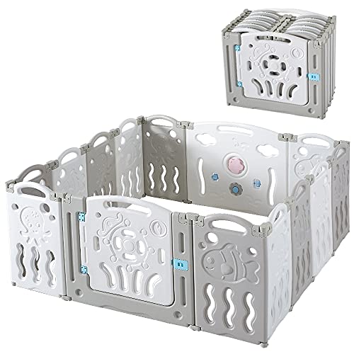 Albott Baby Playpen 14 Panels Foldable Kids Safety Play Yard - Game Panel and Gate with Safety Lock Adjustable Shape for Children Toddlers Indoors or Outdoors(Grey+White, 14 Panel)