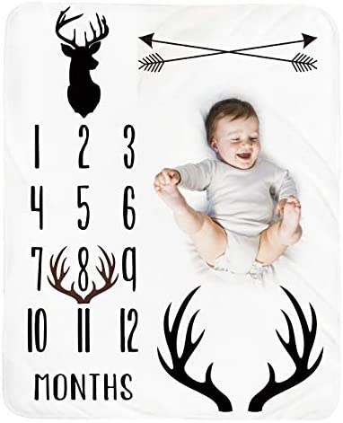 Baby Monthly Milestone Blanket Boy - Deer Newborn Month Blanket Neutral Personalized Shower Gift Woodland Nursery Decor Photography Background Prop with Frame Large 51''x40''