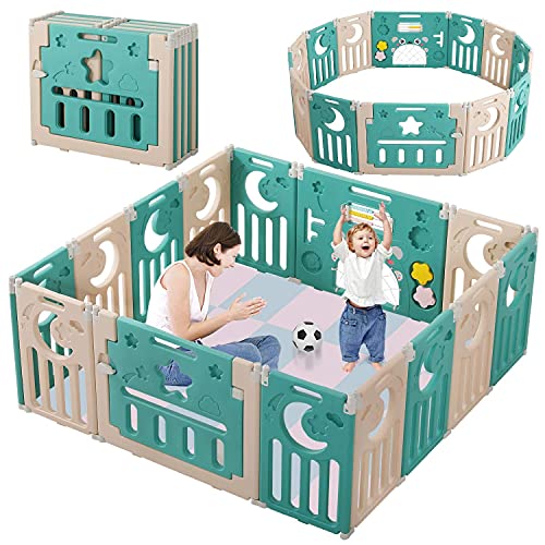 Baby Playpen, Dripex Upgrade Foldable Kids Activity Centre Safety Play Yard Home Indoor Outdoor Baby Fence Play Pen NO Gaps with Gate for Baby Boys Girls Toddlers (14 Panel, Deep Green + Brown)