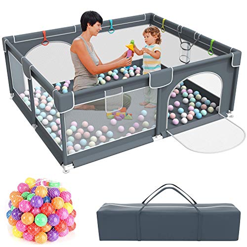 Baby Playpen,Kids Large Playard with 50PCS Pit Balls,Indoor & Outdoor Kids Activity Center,Infant Safety Gates with Breathable Mesh,Sturdy Play Yard for Toddler,Children's Fences Portable - A