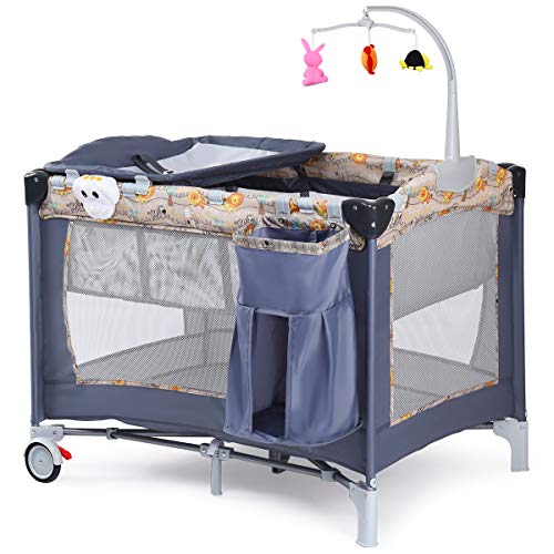 GLACER 3 in 1 Baby Playard with Bassinet and Changing Table, Foldable Toddler Bassinet Bed & Activity Center, Newborn Napper with Toys & Music, Wheels & Brake, Diaper Holder and Storage Bag (Gray)