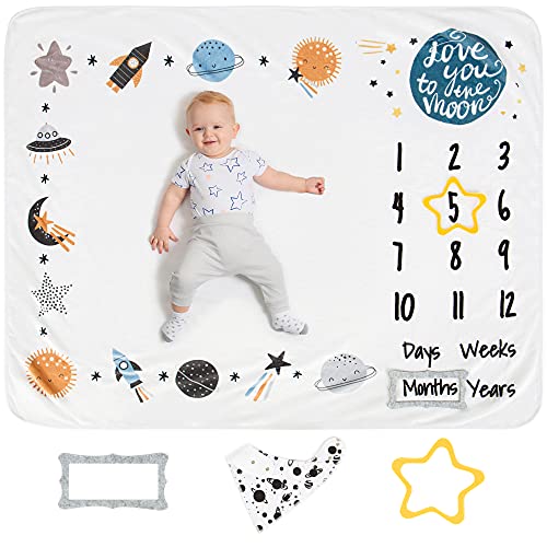 LUKA&LILY Baby Monthly Milestone Blanket Boy | Milestone Blanket Baby Boy | Moon and Stars Baby Shower | Baby Milestone Blanket | Space Nursery Decor | Moon Blanket Baby Boy Gifts | Bib+Frames 50x40