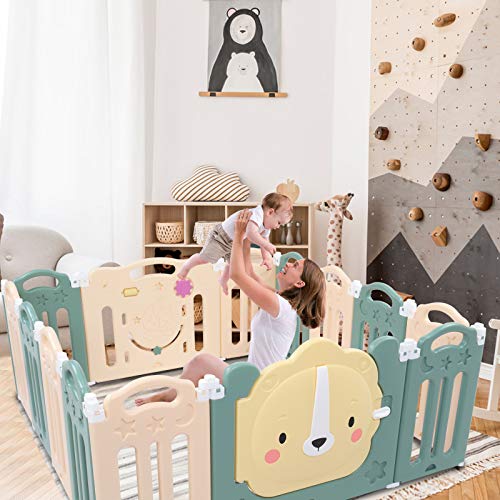 VALUE BOX Baby Playpen, 14 Panel Foldable Play Yard with Lockable Door, Kids Activity Centre for Toddler, Lion